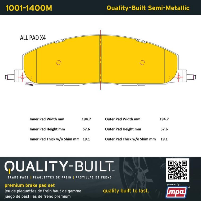 MPA 1001-1400M Quality-Built Premium Semi-Metallic Brake Pads w/ Hardware