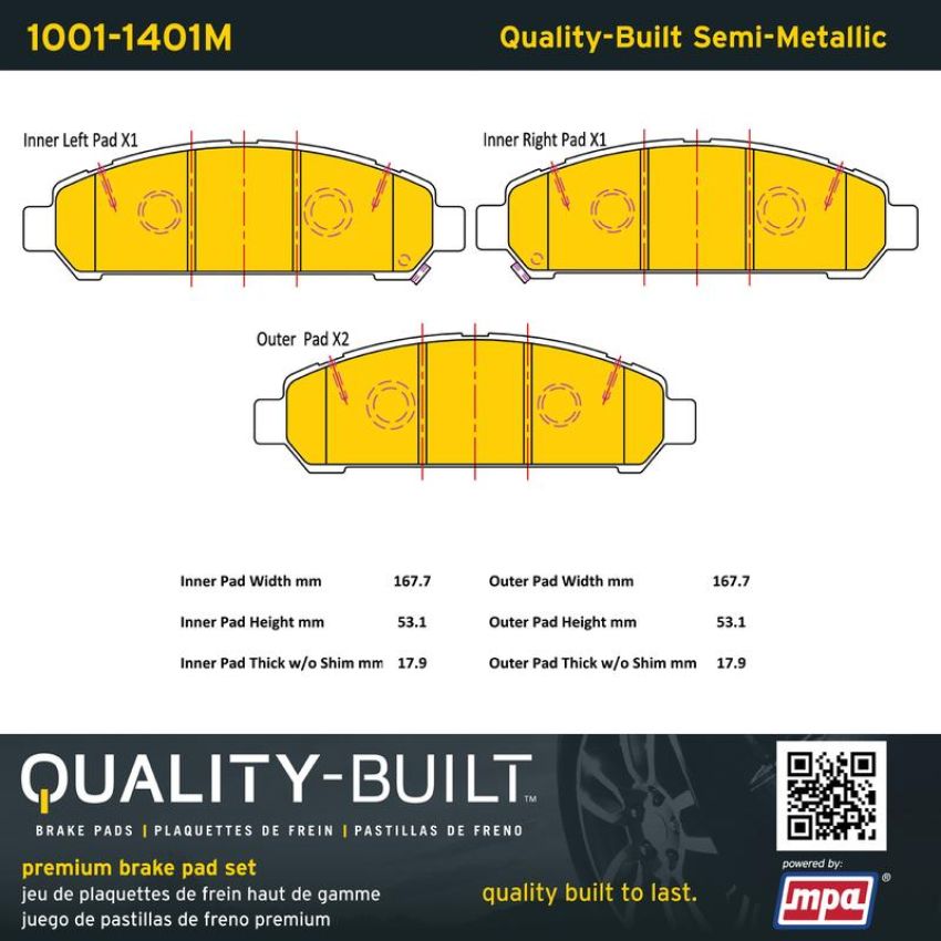 MPA 1001-1401M Quality-Built Premium Semi-Metallic Brake Pads w/ Hardware