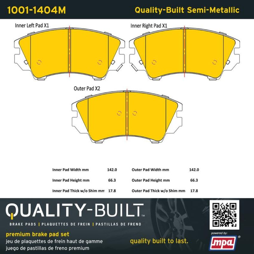 MPA 1001-1404M Quality-Built Premium Semi-Metallic Brake Pads w/ Hardware
