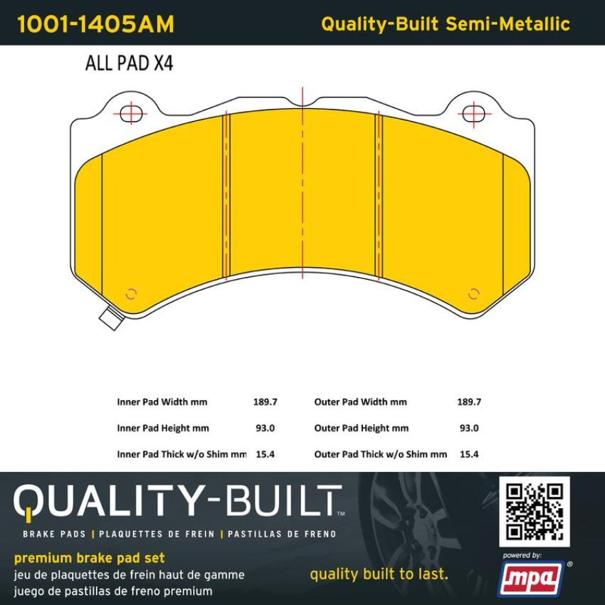 MPA 1001-1405AM Quality-Built Premium Semi-Metallic Brake Pads w/ Hardware