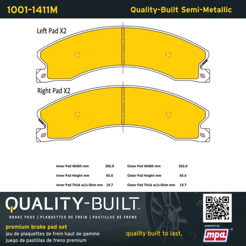 MPA 1001-1411M Quality-Built Premium Semi-Metallic Brake Pads w/ Hardware