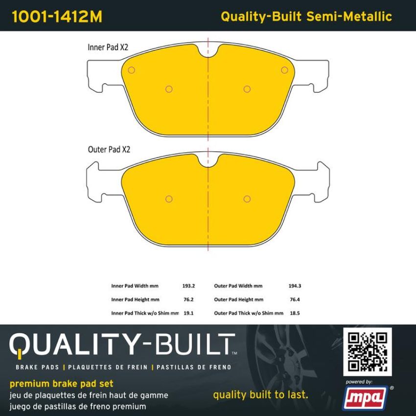 MPA 1001-1412M Quality-Built Premium Semi-Metallic Brake Pads w/ Hardware