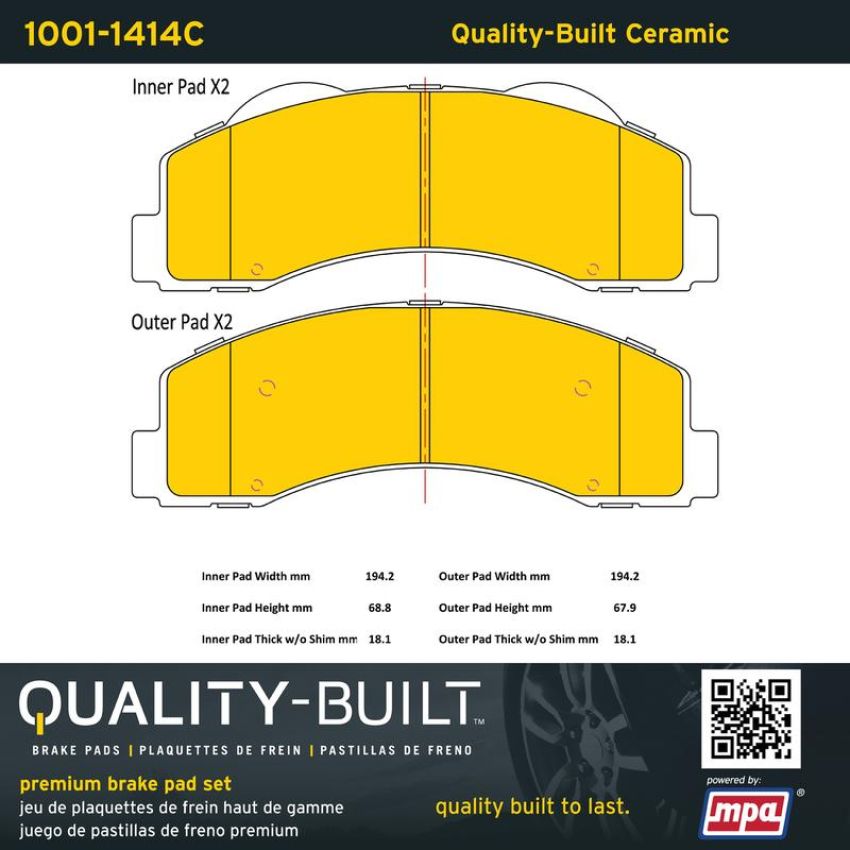 MPA 1001-1414C Quality-Built Premium Ceramic Brake Pads w/ Hardware