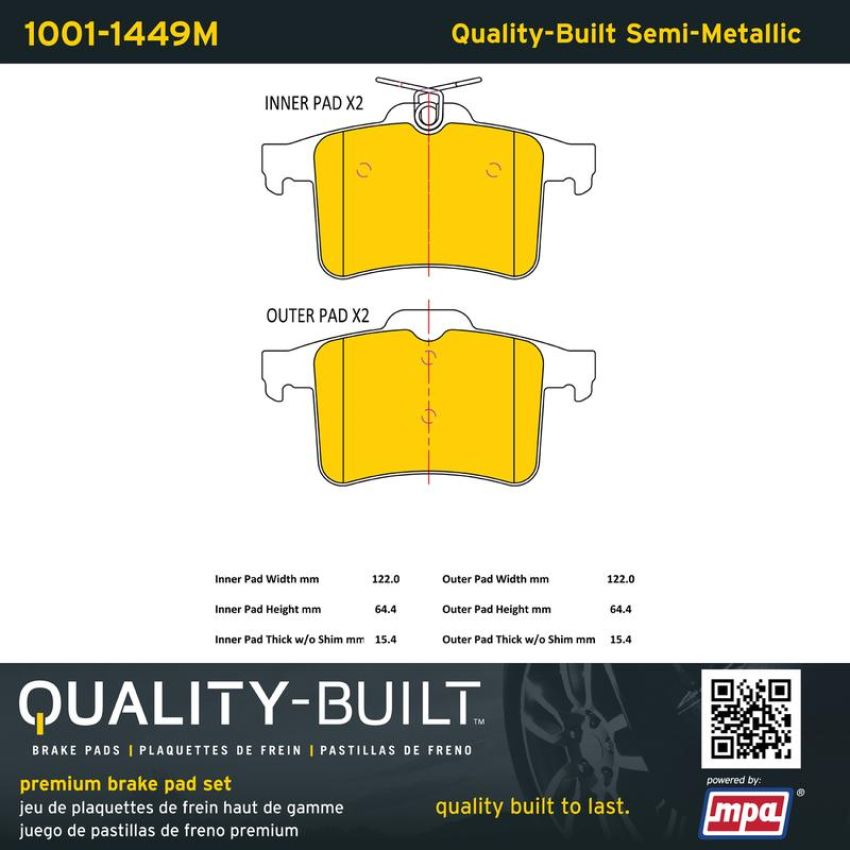 MPA 1001-1449M Quality-Built Premium Semi-Metallic Brake Pads w/ Hardware
