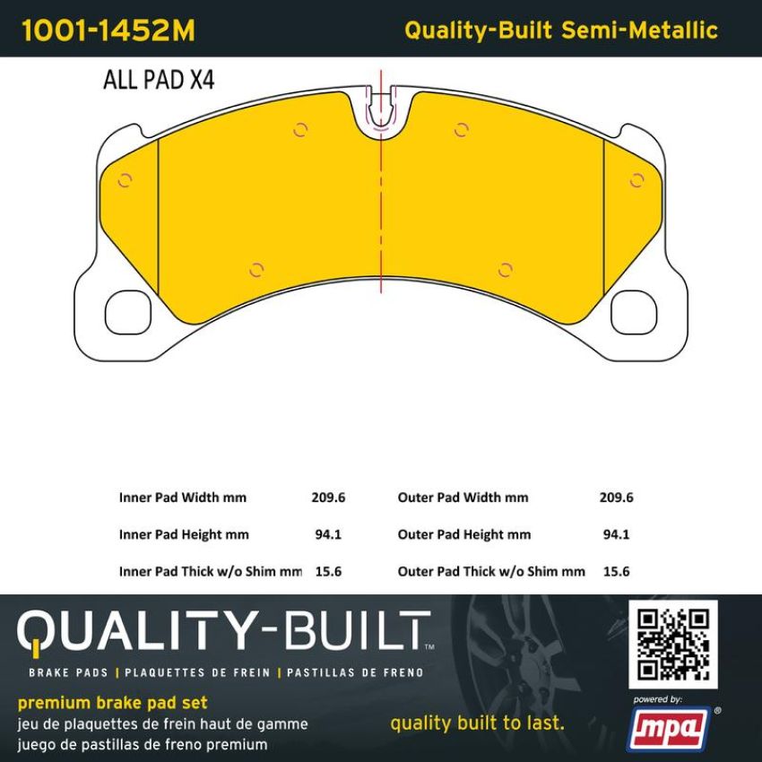 MPA 1001-1452M Quality-Built Premium Semi-Metallic Brake Pads w/ Hardware