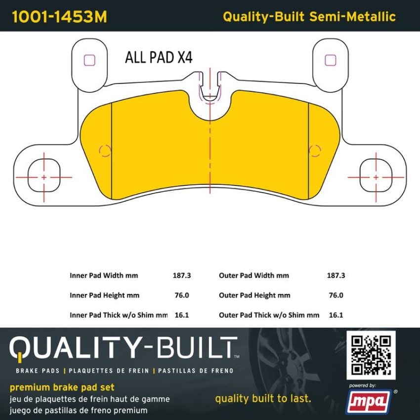MPA 1001-1453M Quality-Built Premium Semi-Metallic Brake Pads w/ Hardware