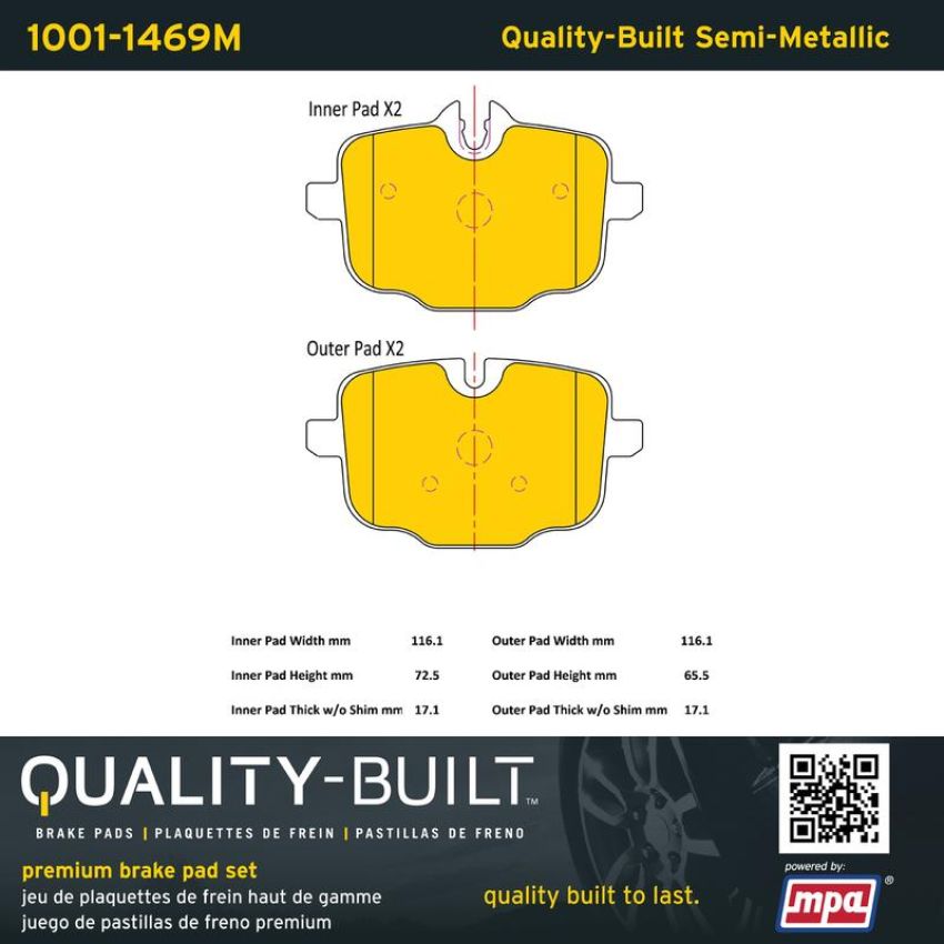 MPA 1001-1469M Quality-Built Premium Semi-Metallic Brake Pads w/ Hardware