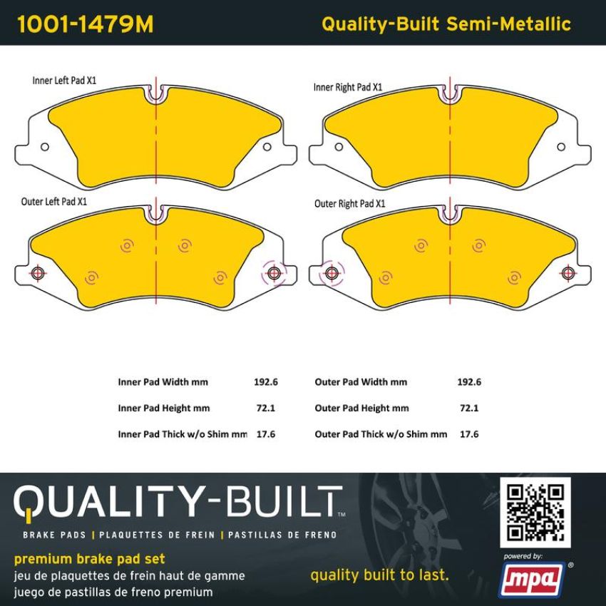 MPA 1001-1479M Quality-Built Premium Semi-Metallic Brake Pads w/ Hardware