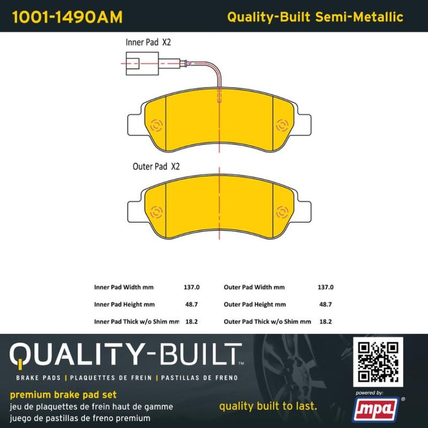 MPA 1001-1490AM Quality-Built Premium Semi-Metallic Brake Pads