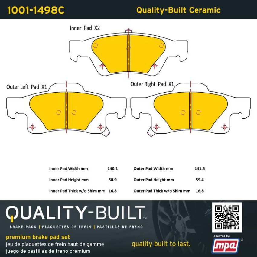 MPA 1001-1498C Quality-Built Premium Ceramic Brake Pads w/ Hardware