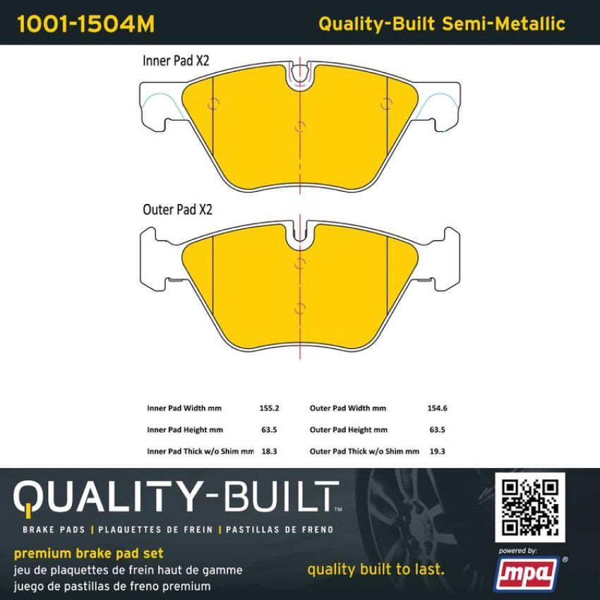 MPA 1001-1504M Quality-Built Premium Semi-Metallic Brake Pads w/ Hardware