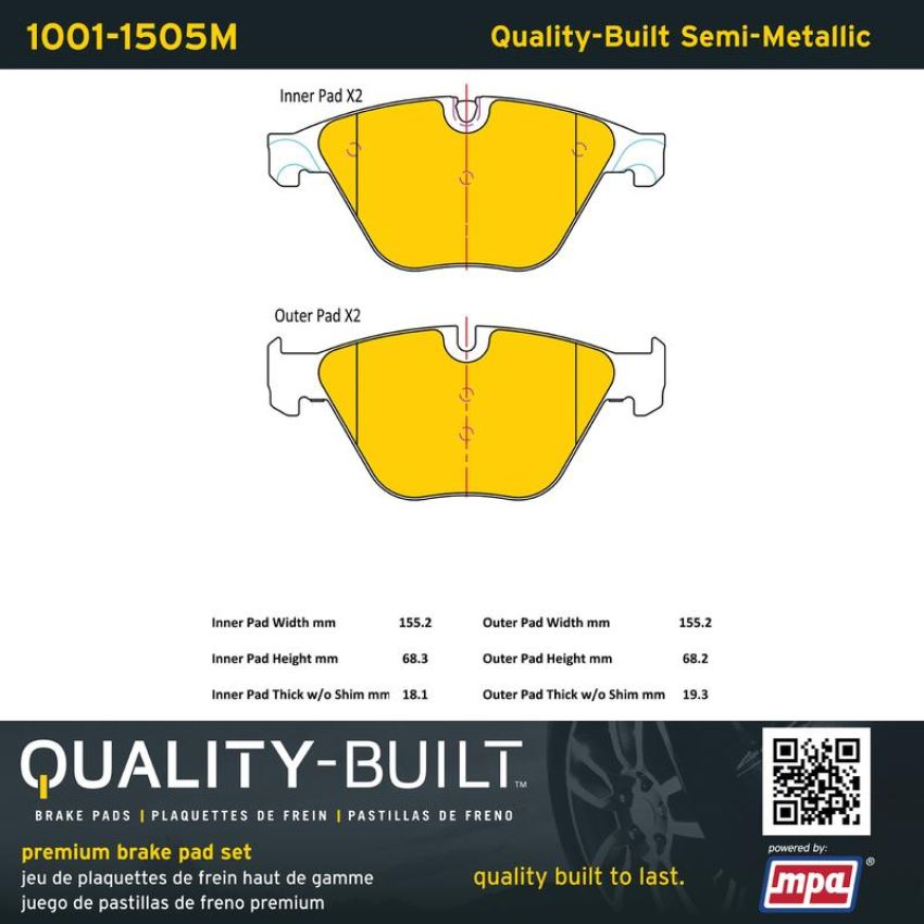 MPA 1001-1505M Quality-Built Premium Semi-Metallic Brake Pads w/ Hardware