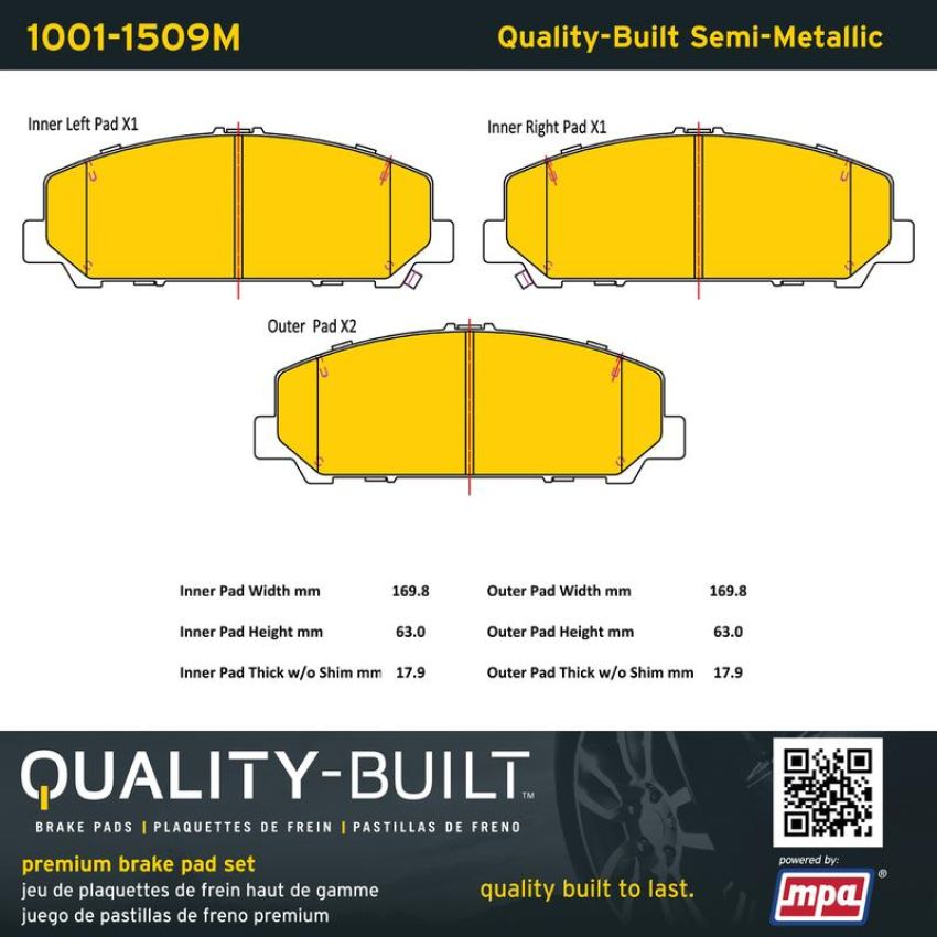MPA 1001-1509M Quality-Built Premium Semi-Metallic Brake Pads w/ Hardware