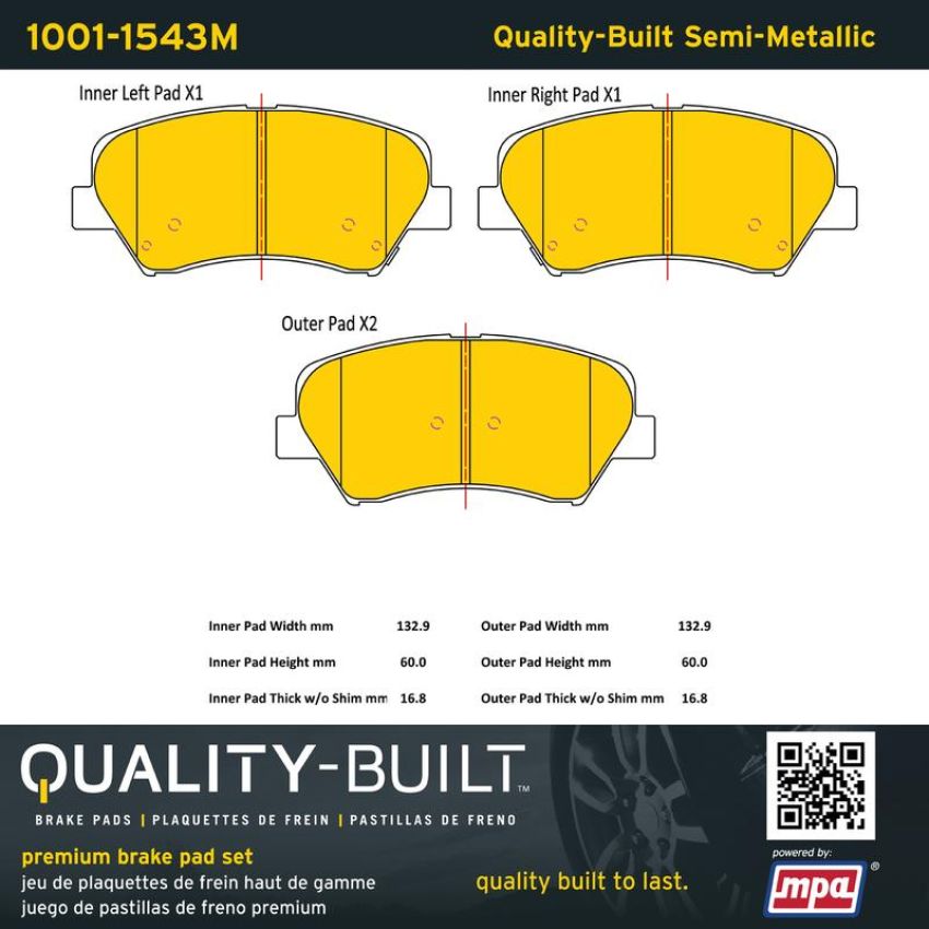 MPA 1001-1543M Quality-Built Premium Semi-Metallic Brake Pads w/ Hardware
