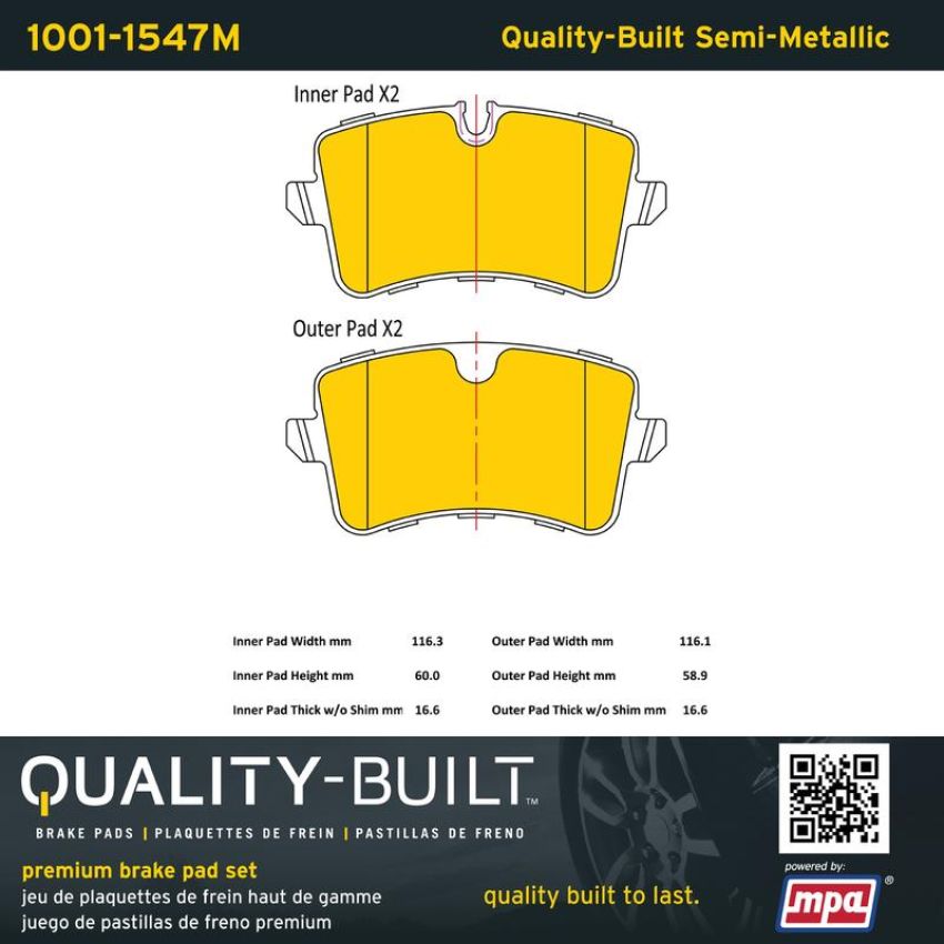MPA 1001-1547M Quality-Built Premium Semi-Metallic Brake Pads w/ Hardware