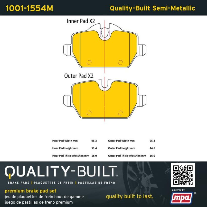 MPA 1001-1554M Quality-Built Premium Semi-Metallic Brake Pads w/ Hardware