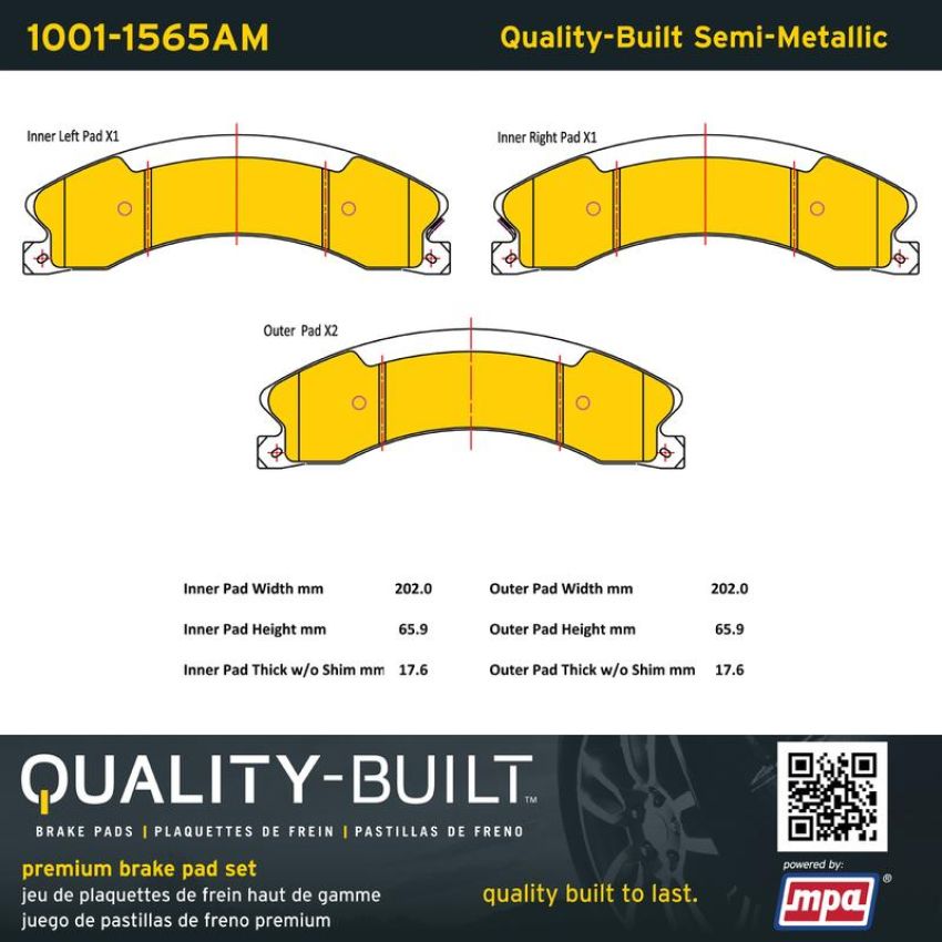 MPA 1001-1565AM Quality-Built Premium Semi-Metallic Brake Pads w/ Hardware