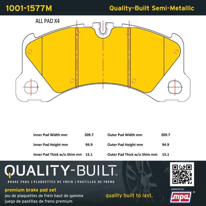 MPA 1001-1577M Quality-Built Premium Semi-Metallic Brake Pads w/ Hardware