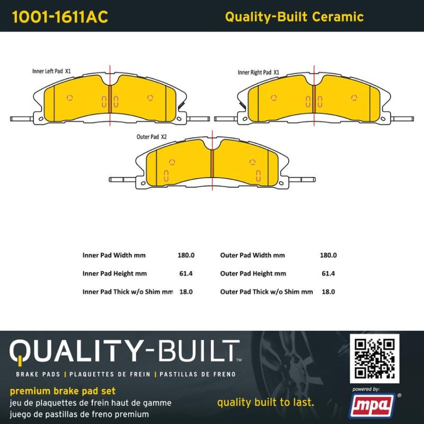 MPA 1001-1611AC Quality-Built Premium Ceramic Brake Pads w/ Hardware