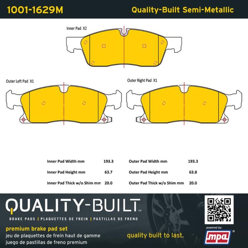 MPA 1001-1629M Quality-Built Premium Semi-Metallic Brake Pads w/ Hardware