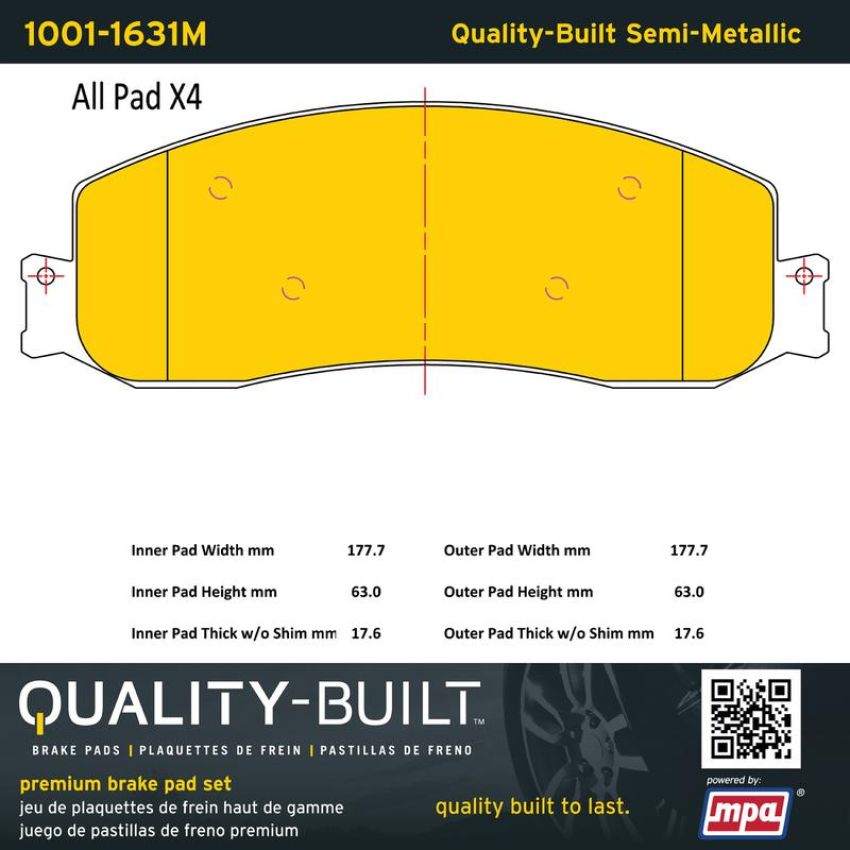 MPA 1001-1631M Quality-Built Premium Semi-Metallic Brake Pads w/ Hardware