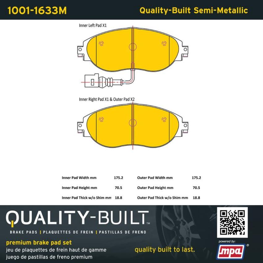 MPA 1001-1633M Quality-Built Premium Semi-Metallic Brake Pads w/ Hardware