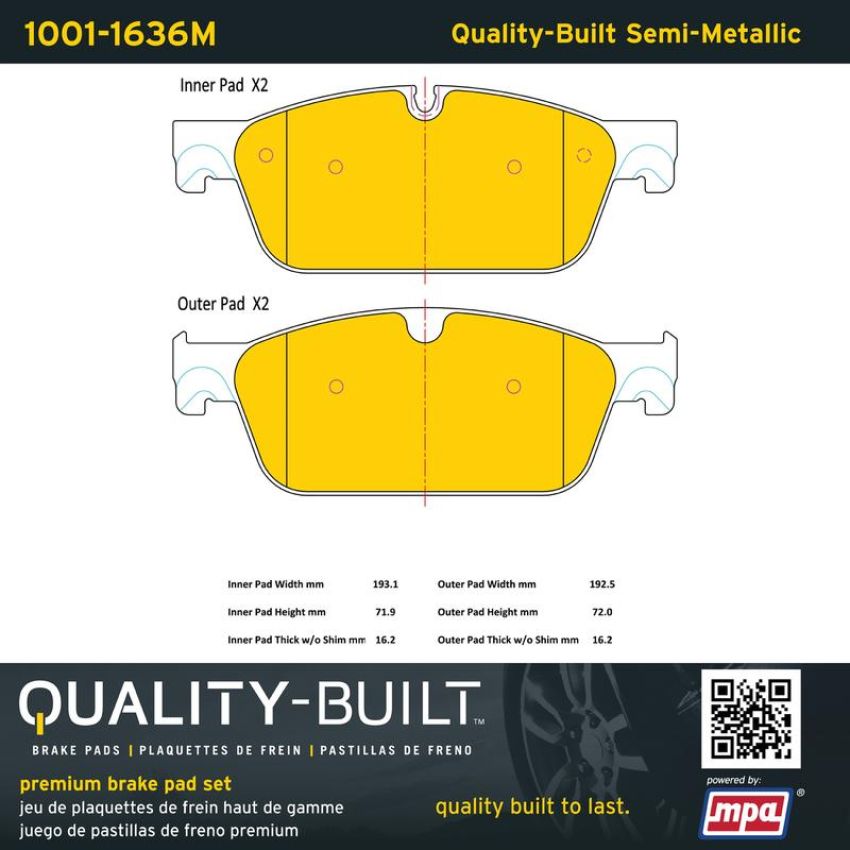 MPA 1001-1636M Quality-Built Premium Semi-Metallic Brake Pads
