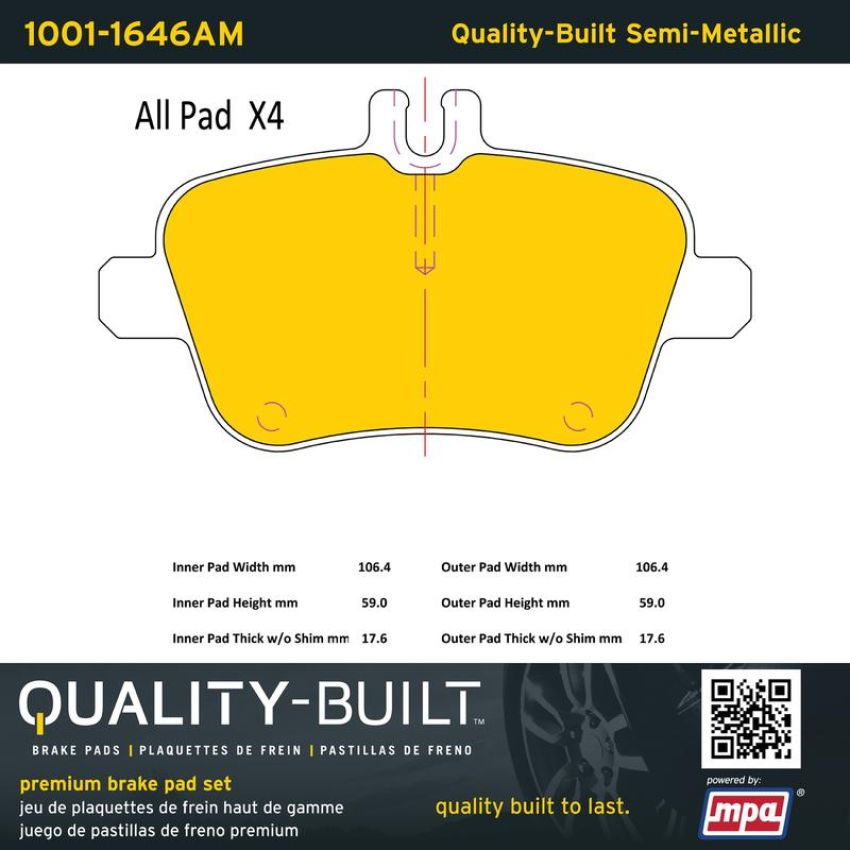 MPA 1001-1646AM Quality-Built Premium Semi-Metallic Brake Pads w/ Hardware