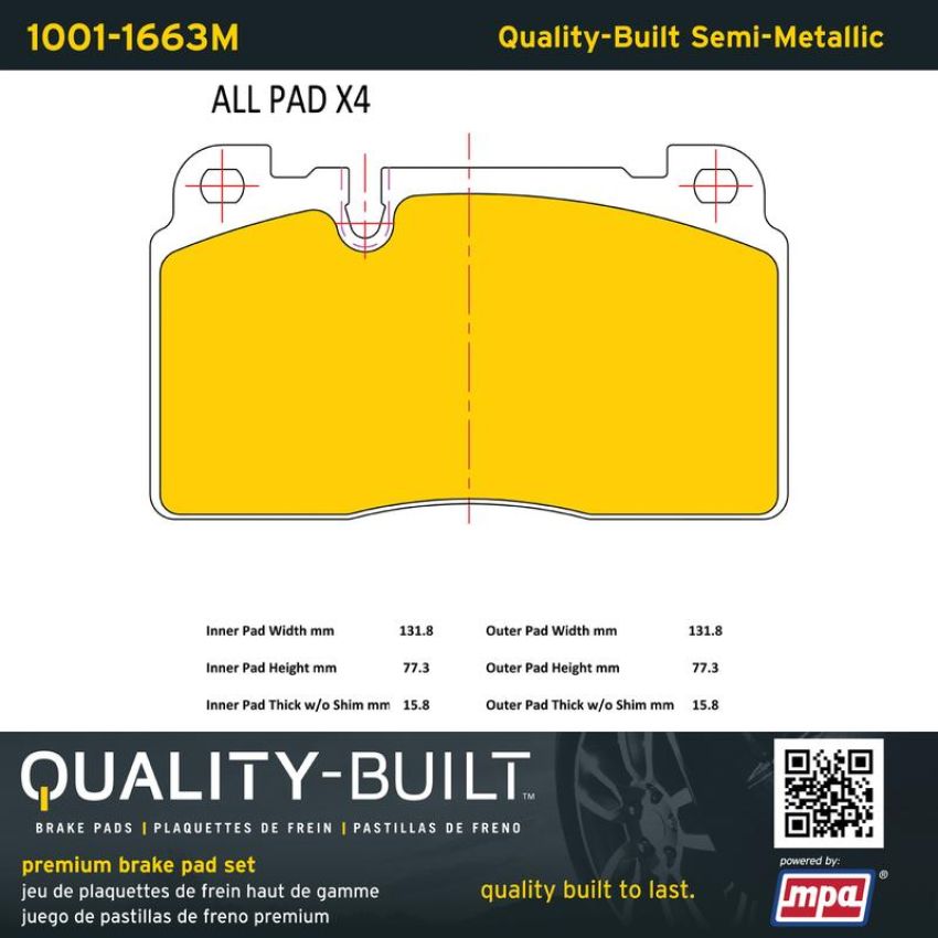 MPA 1001-1663M Quality-Built Premium Semi-Metallic Brake Pads w/ Hardware