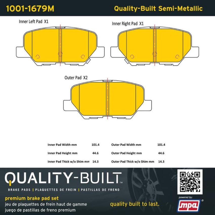 MPA 1001-1679M Quality-Built Premium Semi-Metallic Brake Pads w/ Hardware