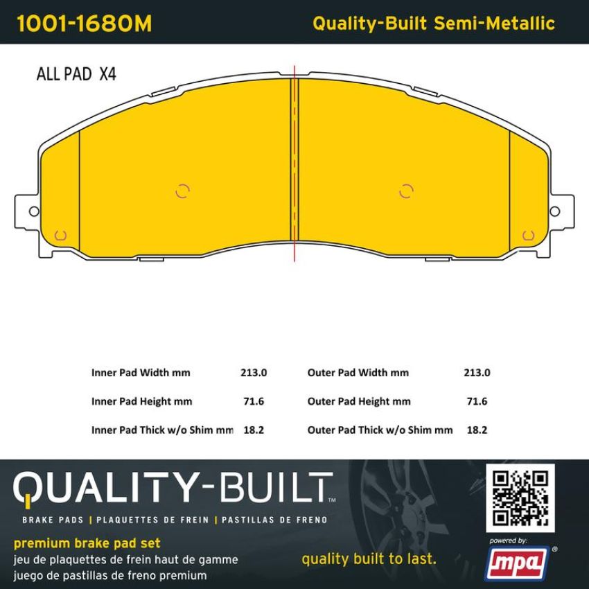 MPA 1001-1680M Quality-Built Premium Semi-Metallic Brake Pads w/ Hardware
