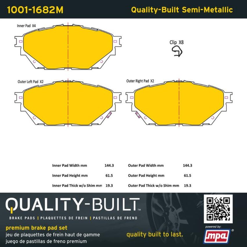 MPA 1001-1682M Quality-Built Premium Semi-Metallic Brake Pads w/ Hardware