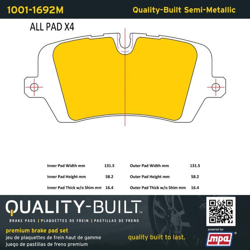 MPA 1001-1692M Quality-Built Premium Semi-Metallic Brake Pads w/ Hardware