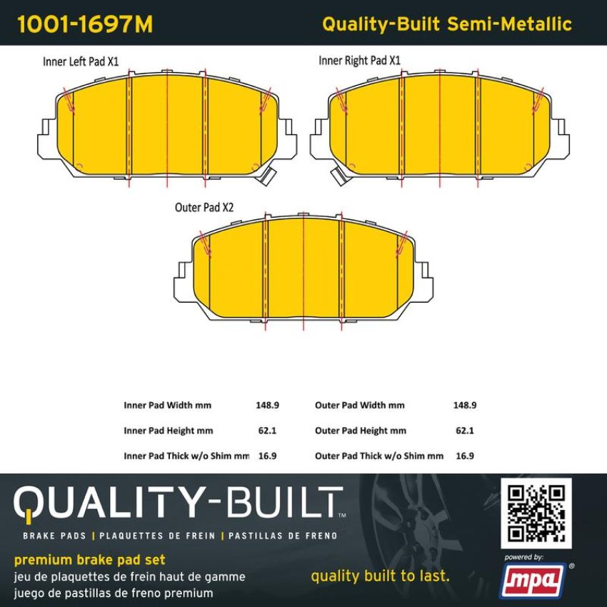 MPA 1001-1697M Quality-Built Premium Semi-Metallic Brake Pads w/ Hardware