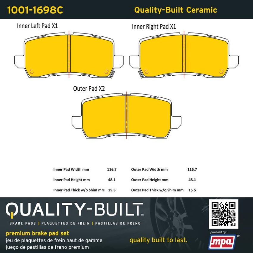 MPA 1001-1698C Quality-Built Premium Ceramic Brake Pads w/ Hardware