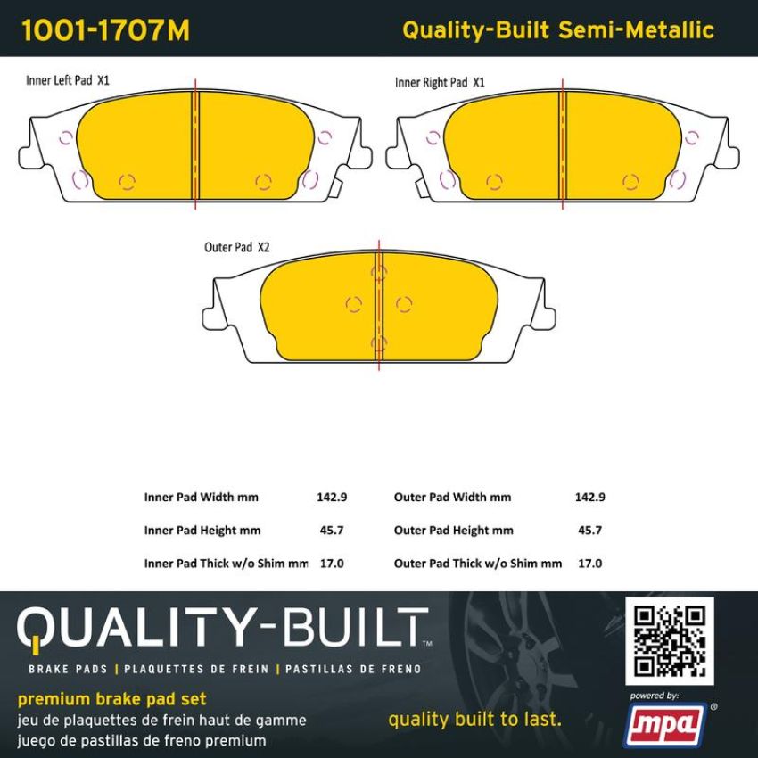 MPA 1001-1707M Quality-Built Premium Semi-Metallic Brake Pads w/ Hardware