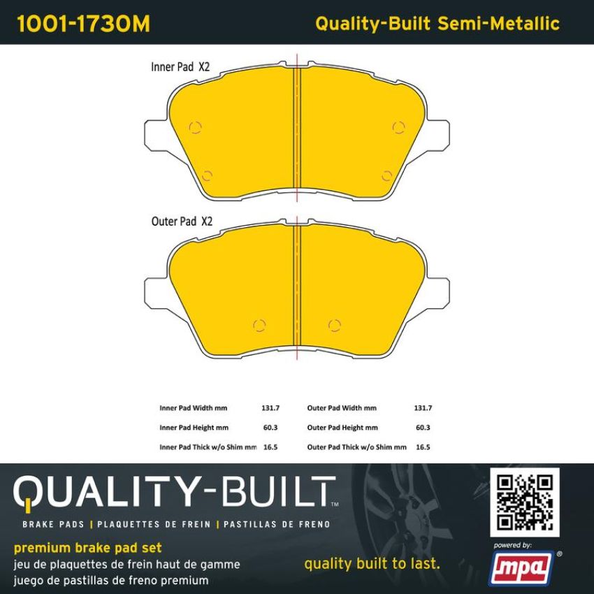 MPA 1001-1730M Quality-Built Premium Semi-Metallic Brake Pads w/ Hardware