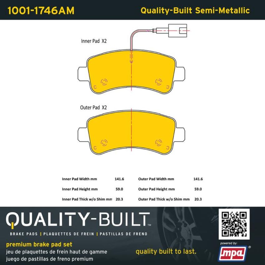 MPA 1001-1746AM Quality-Built Premium Semi-Metallic Brake Pads w/ Hardware
