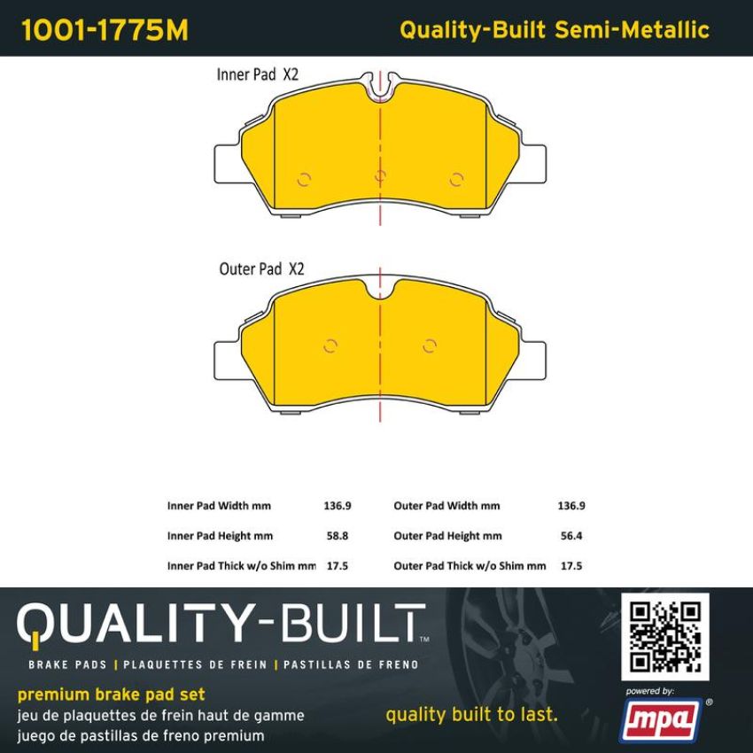MPA 1001-1775M Quality-Built Premium Semi-Metallic Brake Pads w/ Hardware