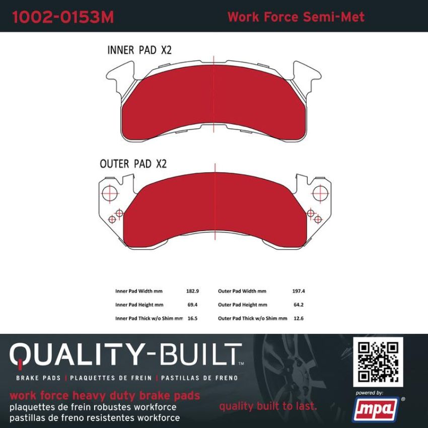 MPA 1002-0153M Quality-Built Work Force Heavy Duty Brake Pads w/ Hardware
