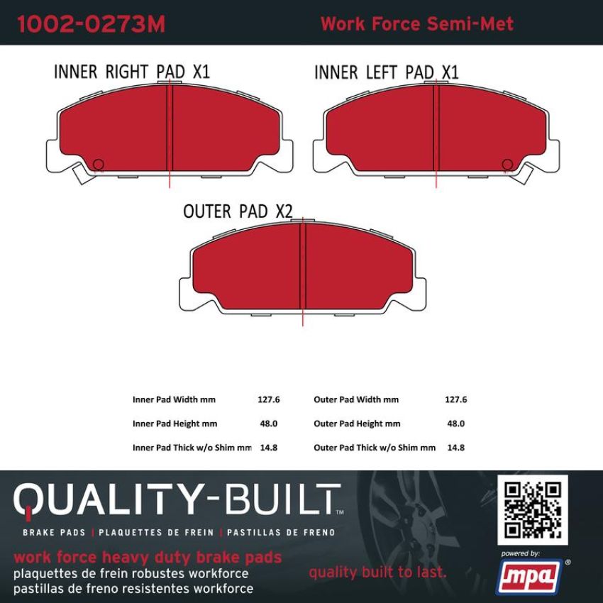 MPA 1002-0273M Quality-Built Work Force Heavy Duty Brake Pads w/ Hardware