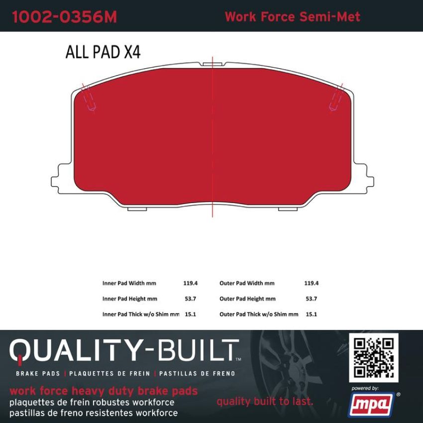 MPA 1002-0356M Quality-Built Work Force Heavy Duty Brake Pads w/ Hardware