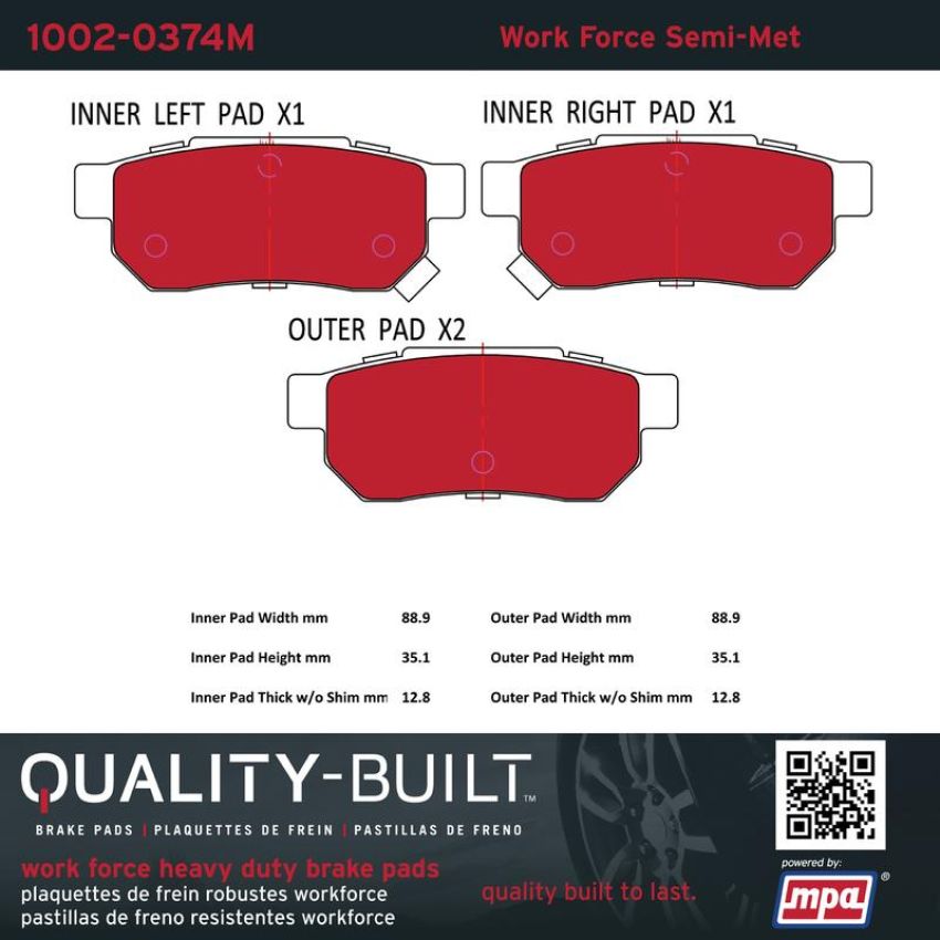 MPA 1002-0374M Quality-Built Work Force Heavy Duty Brake Pads w/ Hardware