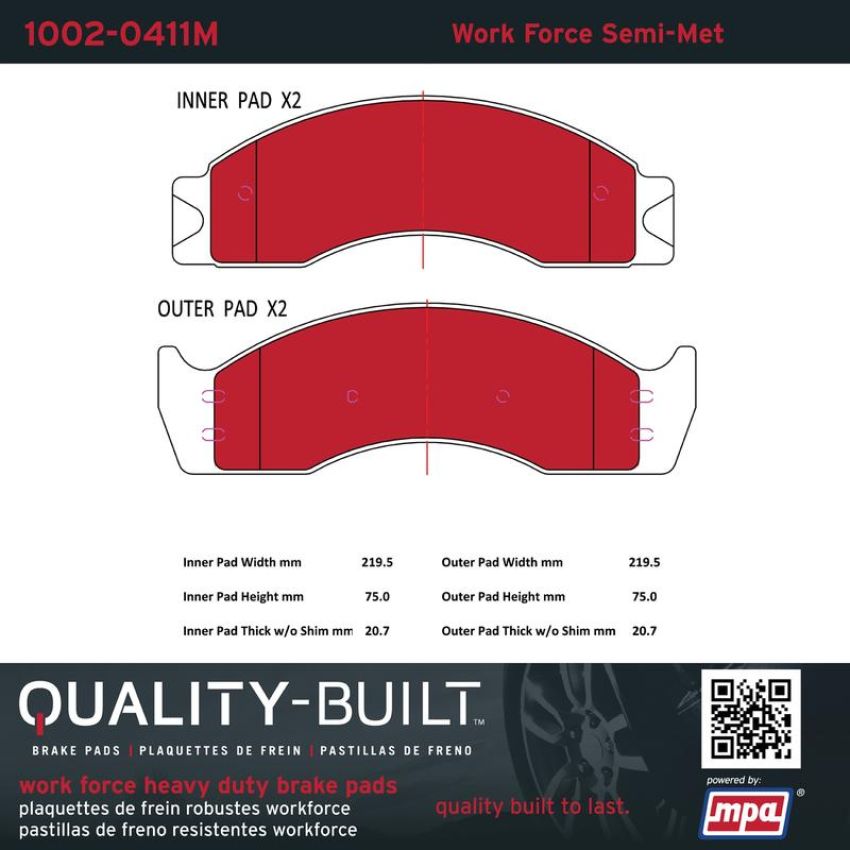 MPA 1002-0411M Quality-Built Work Force Heavy Duty Brake Pads w/ Hardware