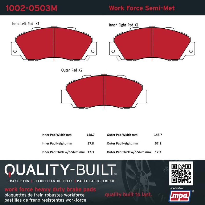 MPA 1002-0503M Quality-Built Work Force Heavy Duty Brake Pads w/ Hardware