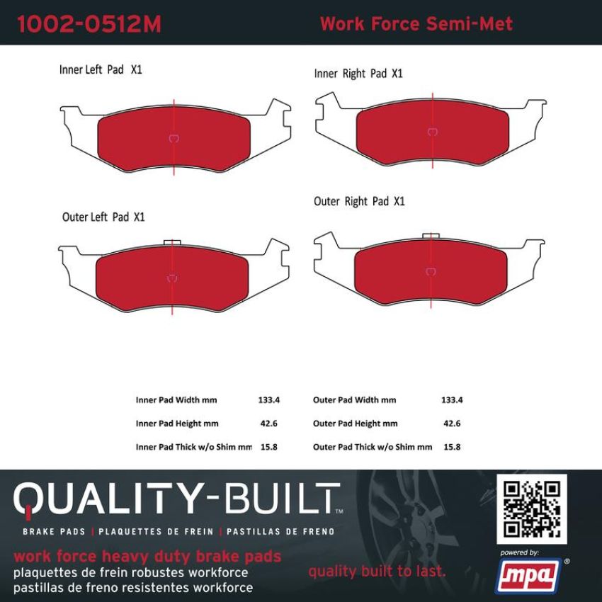 MPA 1002-0512M Quality-Built Work Force Heavy Duty Brake Pads w/ Hardware
