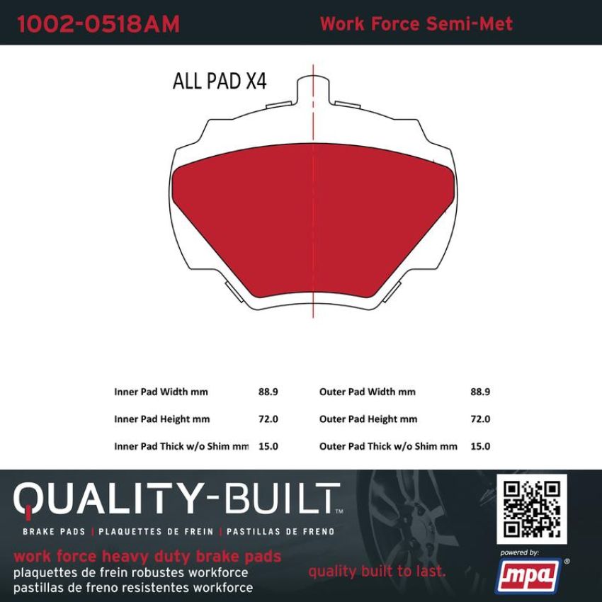 MPA 1002-0518AM Quality-Built Work Force Heavy Duty Brake Pads