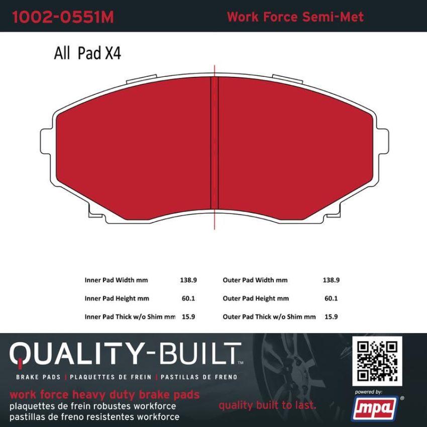 MPA 1002-0551M Quality-Built Work Force Heavy Duty Brake Pads w/ Hardware