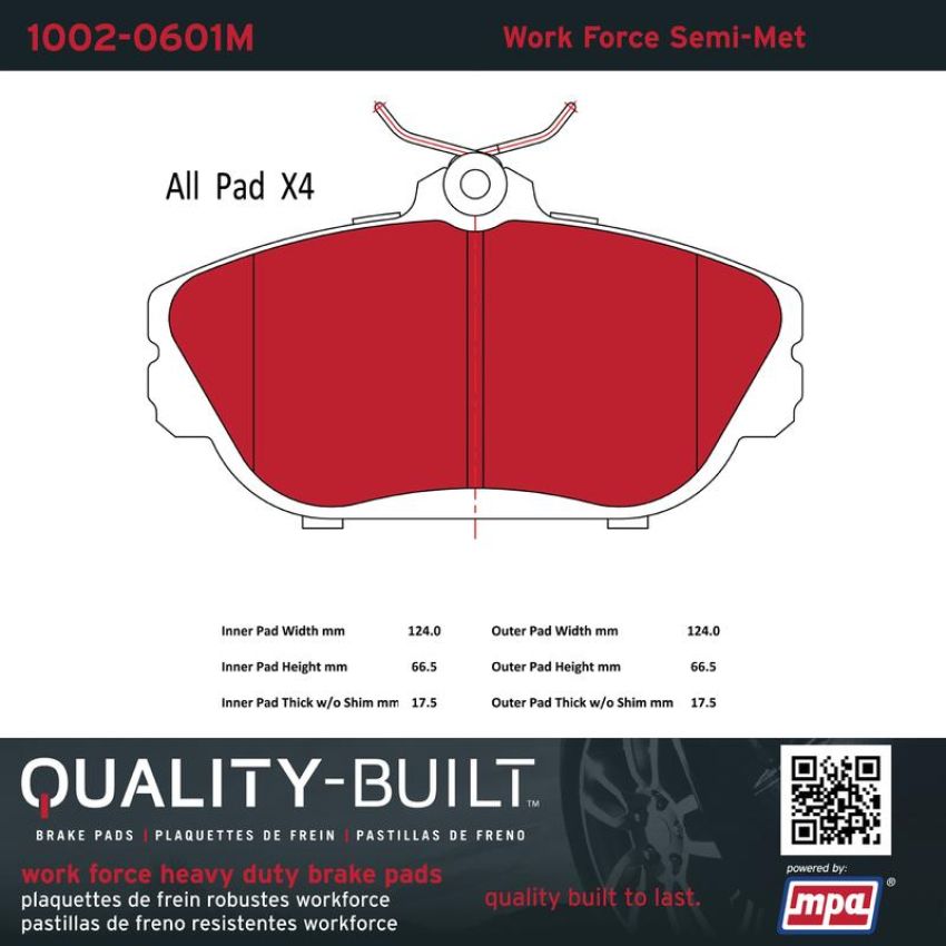 MPA 1002-0601M Quality-Built Work Force Heavy Duty Brake Pads w/ Hardware