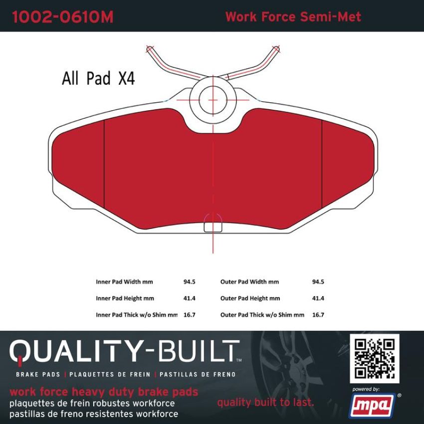 MPA 1002-0610M Quality-Built Work Force Heavy Duty Brake Pads w/ Hardware